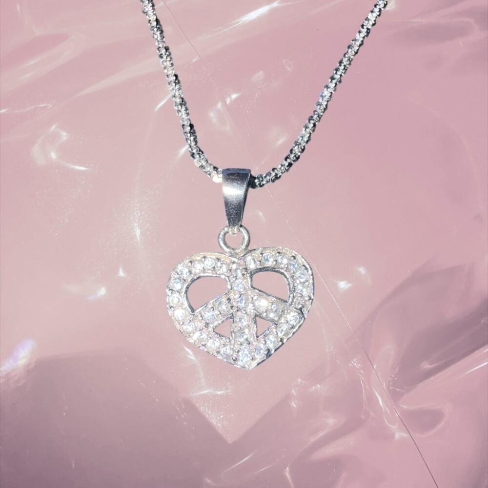 Y2K Romantic 925 Sterling Silver peace sign heart pendant necklace sparkle chain